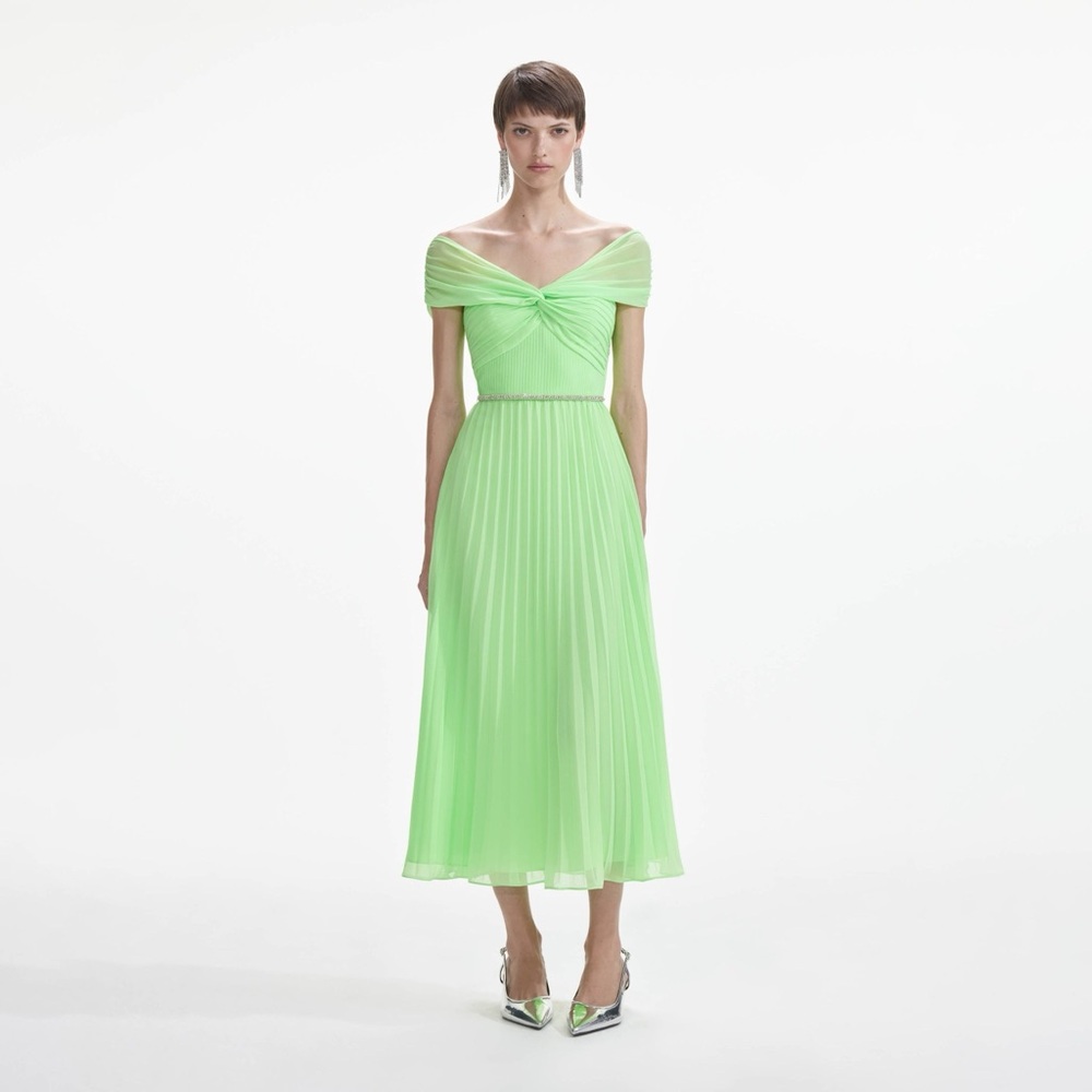 Self Portrait Green Chiffon Off-Shoulder Dress